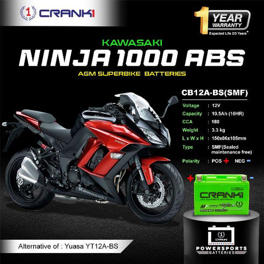 Crank1 Battery For Kawasaki Ninja 1000 ABS (2014-2025)- CB12A-BS - Factory Activated