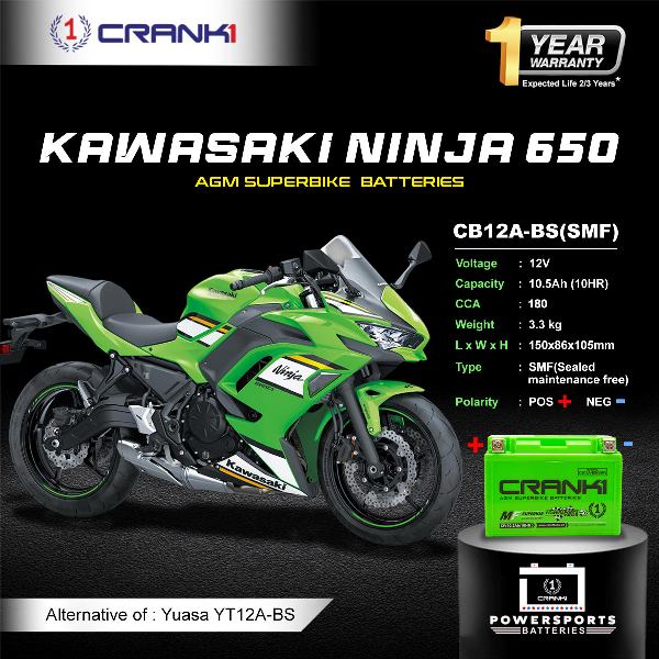 Crank1 Battery For Kawasaki Ninja 650 (2012-2025) - CB12A-BS - Factory Activated