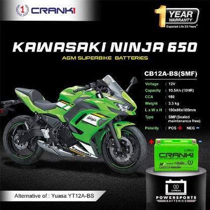 Crank1 Battery For Kawasaki Ninja 650 (2012-2025) - CB12A-BS - Factory Activated