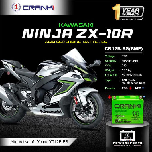Crank1 Battery For Kawasaki Ninja ZX-10R (2004-2010) - CB12B-BS - Factory Activated