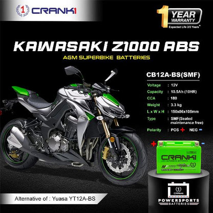 Crank1 Battery For Kawasaki Z1000 ABS (2014-2025) - CB12A-BS - Factory Activated