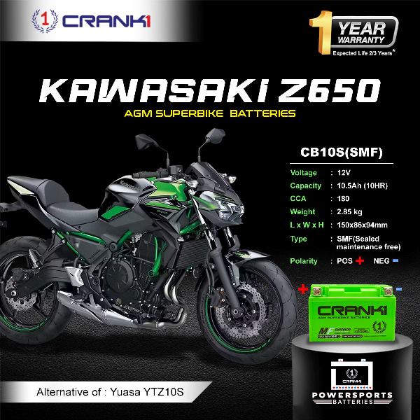 Crank1 Battery For Kawasaki Z650 (2017-2025) - CB10S - Factory Activated