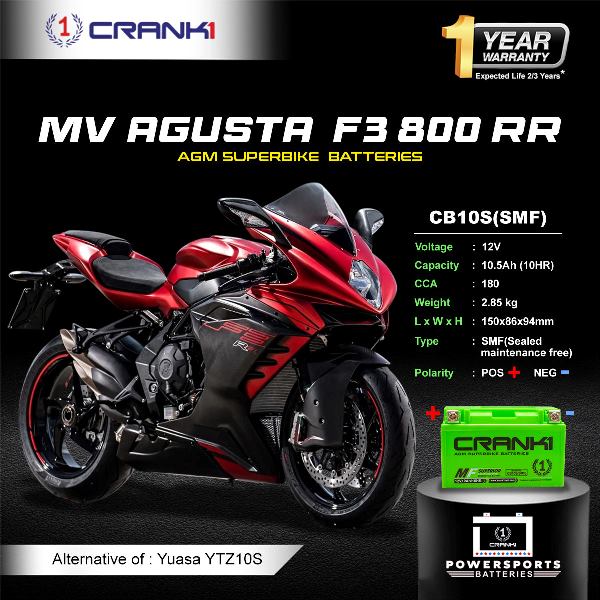 Crank1 Battery For MV Agusta F3 800 RR (2009-2016)- CB10S - Factory Activated 