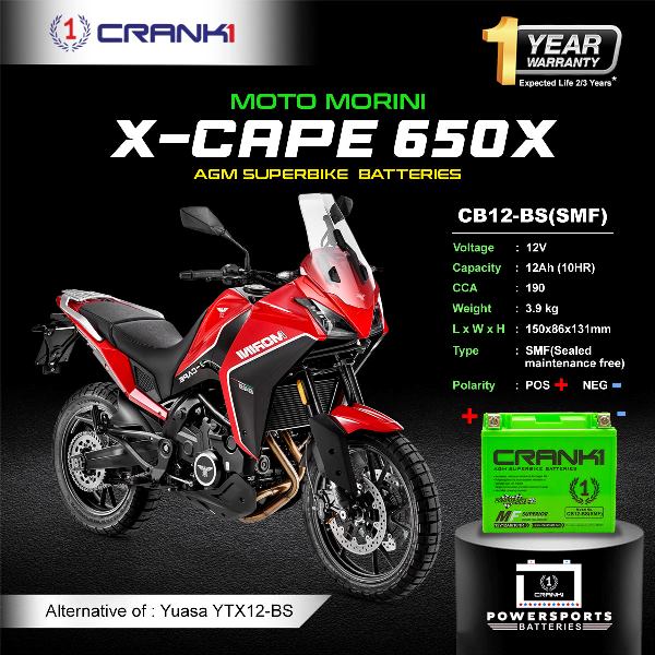 Crank1 Battery For Moto Morini X-Cape 650X - CB12-BS - Factory Activated