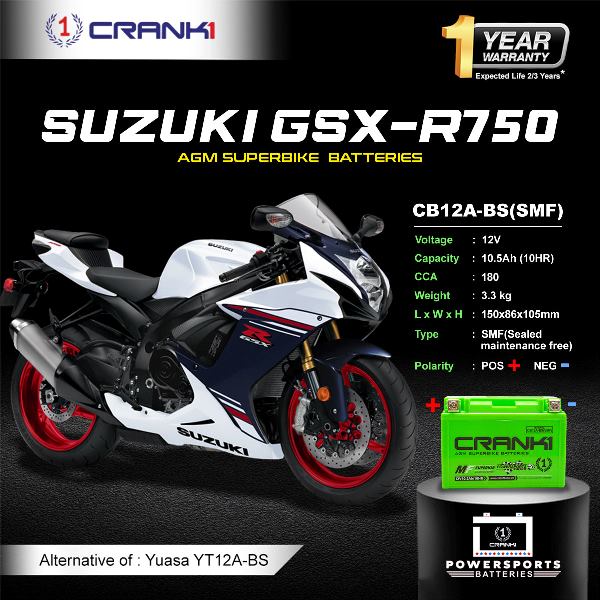 Crank1 Battery For Suzuki GSX-R750 (2000-2023)- CB12A-BS - Factory Activated