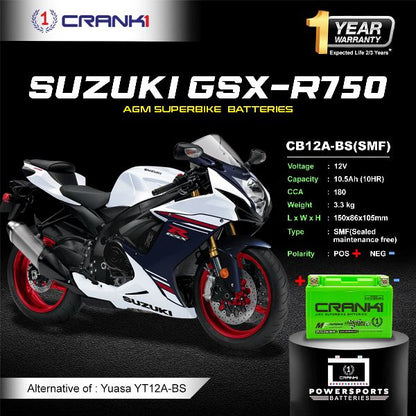 Crank1 Battery For Suzuki GSX-R750 (2000-2023)- CB12A-BS - Factory Activated
