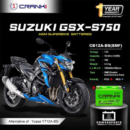 Crank1 Battery For Suzuki GSX-S750 (2015-2019)- CB12A-BS - Factory Activated