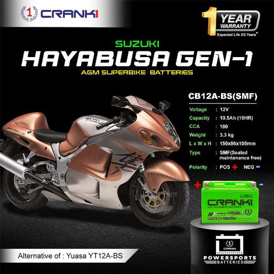Crank1 Battery For Suzuki Hayabusa GEN-1 (1999-2007) - CB12A-BS - Factory Activated