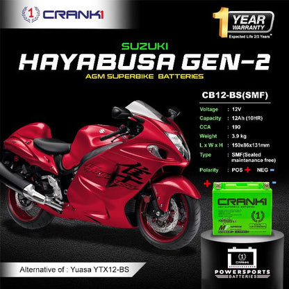 Crank1 Battery For Suzuki Hayabusa GEN-2 (2008-2020) - CB12-BS - Factory Activated