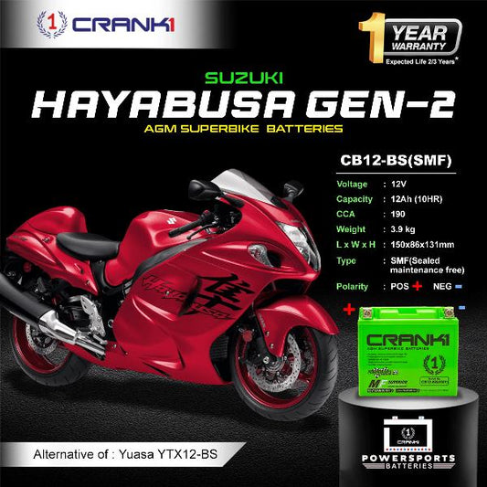 Crank1 Battery For Suzuki Hayabusa GEN-2 (2008-2020) - CB12-BS - Factory Activated