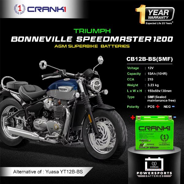 Crank1 Battery For Triumph Bonneville Speedmaster 1200 (2003-2015) - CB12B-BS - Factory Activated