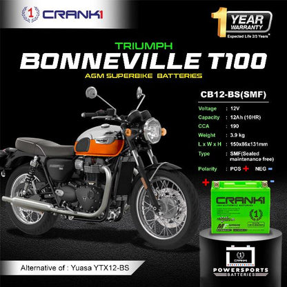 Crank1 Battery For Triumph Bonneville T100 (2005-2025) - CB12-BS - Factory Activated