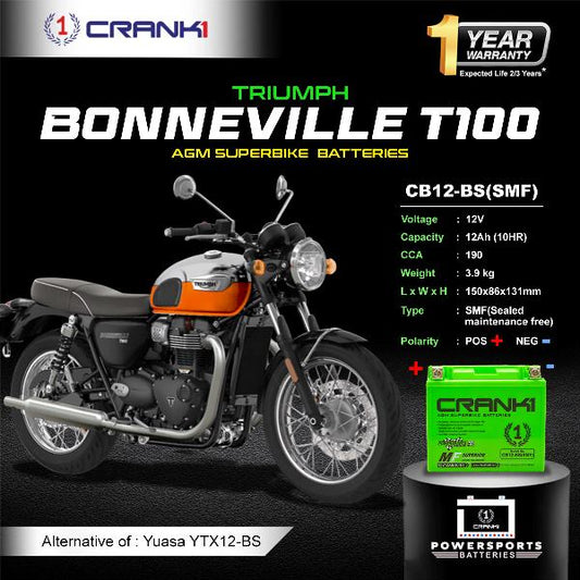 Crank1 Battery For Triumph Bonneville T100 (2005-2025) - CB12-BS - Factory Activated