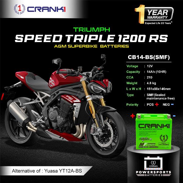 Crank1 Battery For Triumph Speed Triple 1200 RS (2011-2018)- CB14-BS - Factory Activated