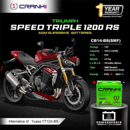Crank1 Battery For Triumph Speed Triple 1200 RS (2011-2018)- CB14-BS - Factory Activated