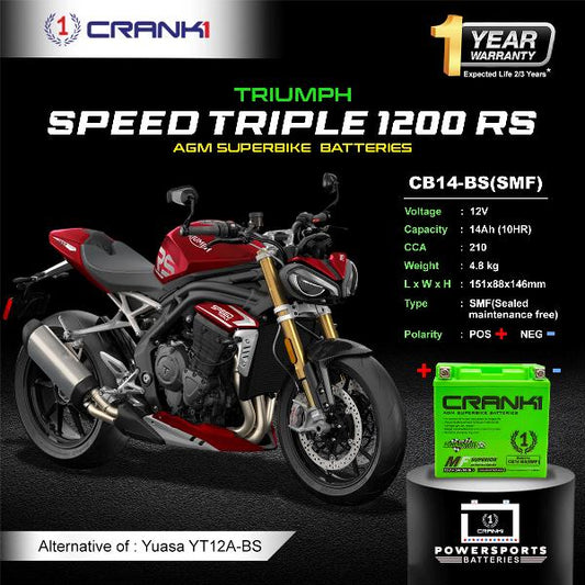 Crank1 Battery For Triumph Speed Triple 1200 RS (2011-2018)- CB14-BS - Factory Activated