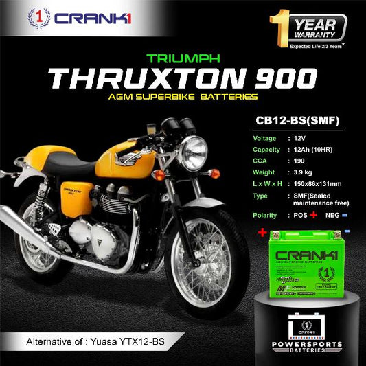 Crank1 Battery For Triumph Thruxton 900 (2003-2025)- CB12-BS - Factory Activated