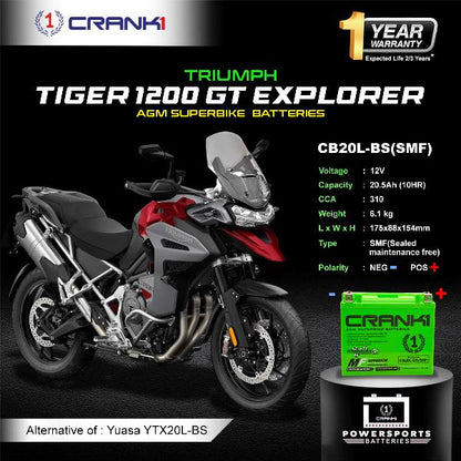 Crank1 Battery For Triumph Tiger 1200 GT Explorer - CB20L-BS - Factory Activated