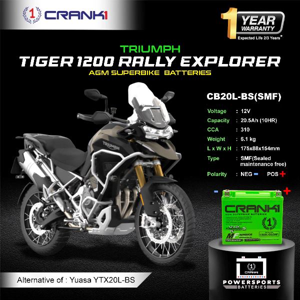 Crank1 Battery For Triumph Tiger 1200 Rally Explorer - CB20L-BS - Factory Activated