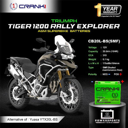 Crank1 Battery For Triumph Tiger 1200 Rally Explorer - CB20L-BS - Factory Activated