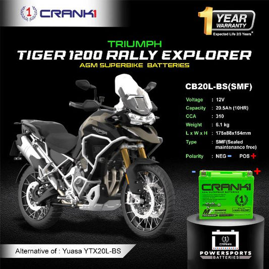 Crank1 Battery For Triumph Tiger 1200 Rally Explorer - CB20L-BS - Factory Activated