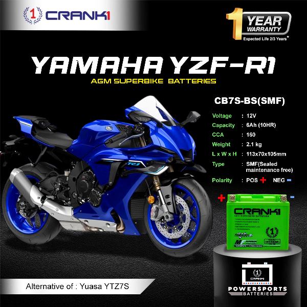 Crank1 Battery For Yamaha YZF-R1 (2019 Onwards) - CB7S-BS - Factory Activated