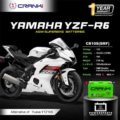 Crank1 Battery For Yamaha YZF-R6 (2010-2025) - CB10S - Factory Activated