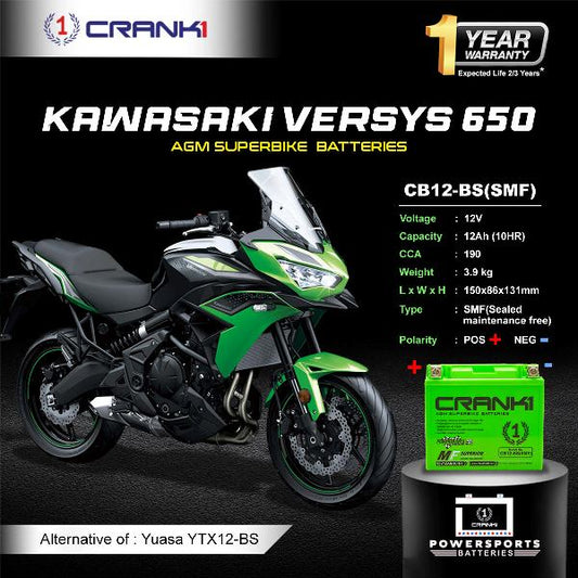 Crank1 OEM Replacement Battery for Kawasaki Versys 650 - CB12-BS