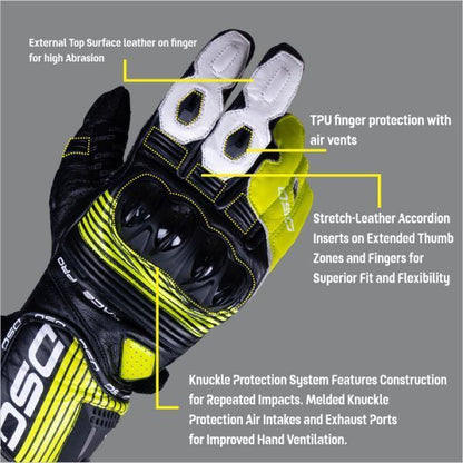 DSG Race Pro V1 Riding Glove-Black Yellow Fluo White - Riders Junction