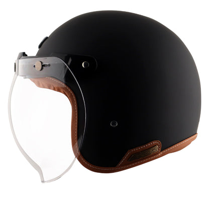 AXOR Retro Jet Leather Motorbike Helmet (Dull Black) - Riders Junction
