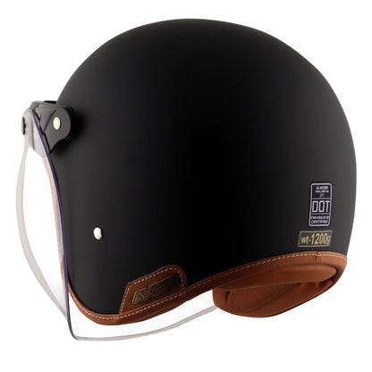 AXOR Retro Jet Leather Motorbike Helmet (Dull Black) - Riders Junction
