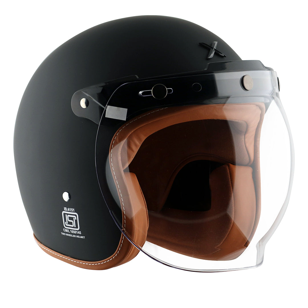 AXOR Retro Jet Leather Motorbike Helmet (Dull Black) - Riders Junction