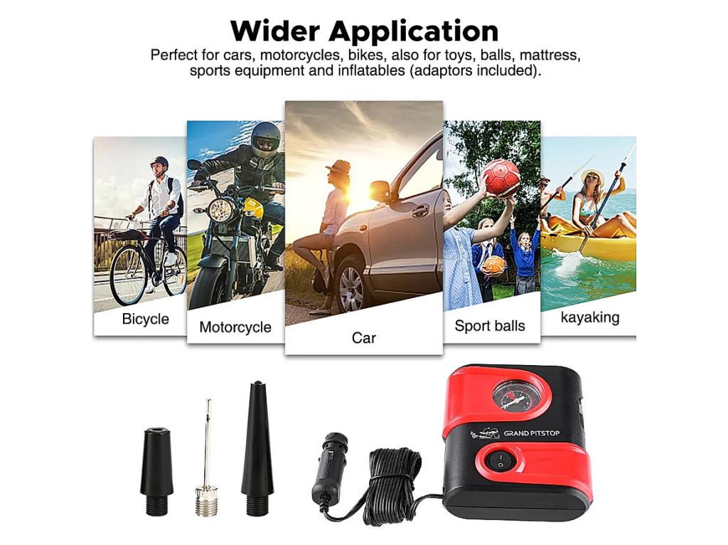 Electric Tire Inflator Air Compressor Pump for Car, Motorcycle, Balls and Mattresses - Red