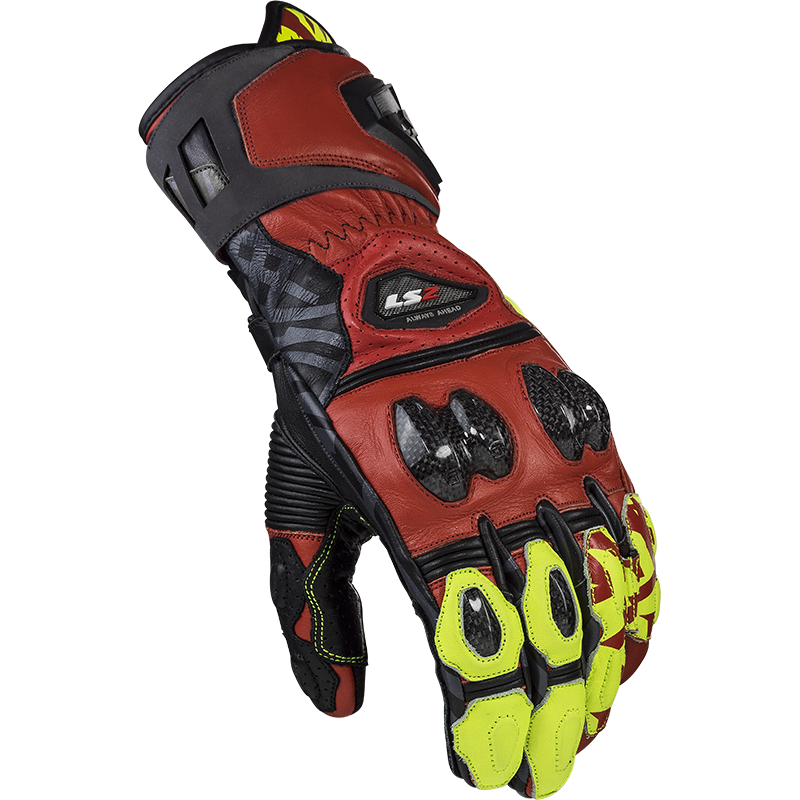 LS2 FENG RACING GLOVES RED H-V YELLOW - Riders Junction