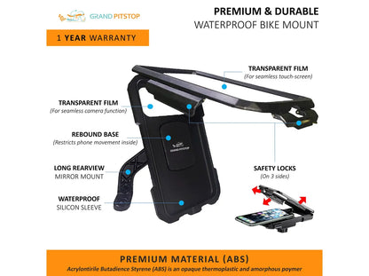 GrandPitstop Mirror Mount Fully Waterproof Bike / Motorcycle / Scooter Mobile Phone Holder Mount Without Charger (Black)