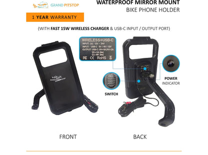 GrandPitstop - Waterproof Mirror Mount with Charger Colour - Black - Riders Junction