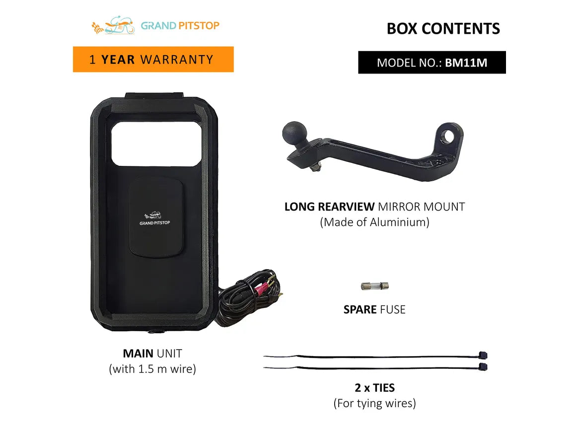 GrandPitstop - Waterproof Mirror Mount with Charger Colour - Black - Riders Junction