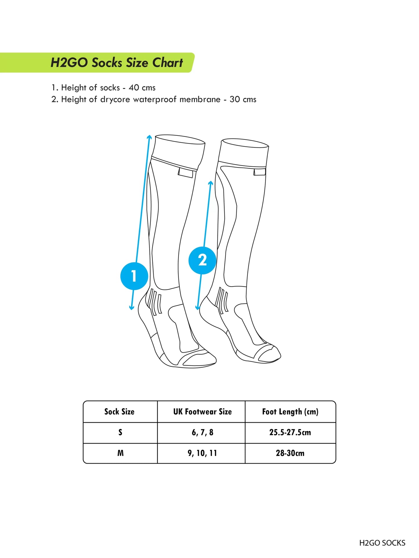 H2GO PRO WATERPROOF SOCKS SIZE CHART