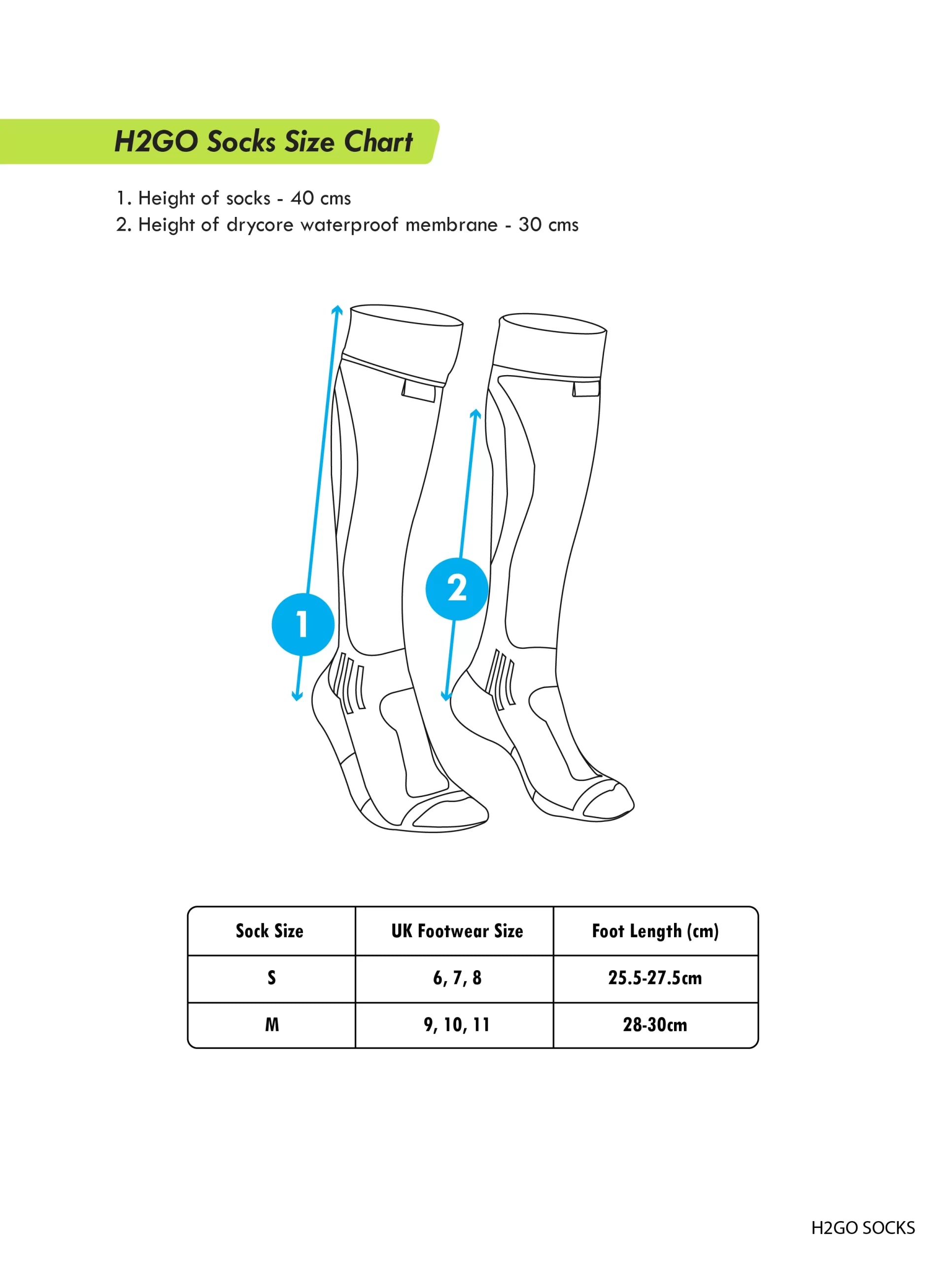 H2GO PRO WATERPROOF SOCKS SIZE CHART