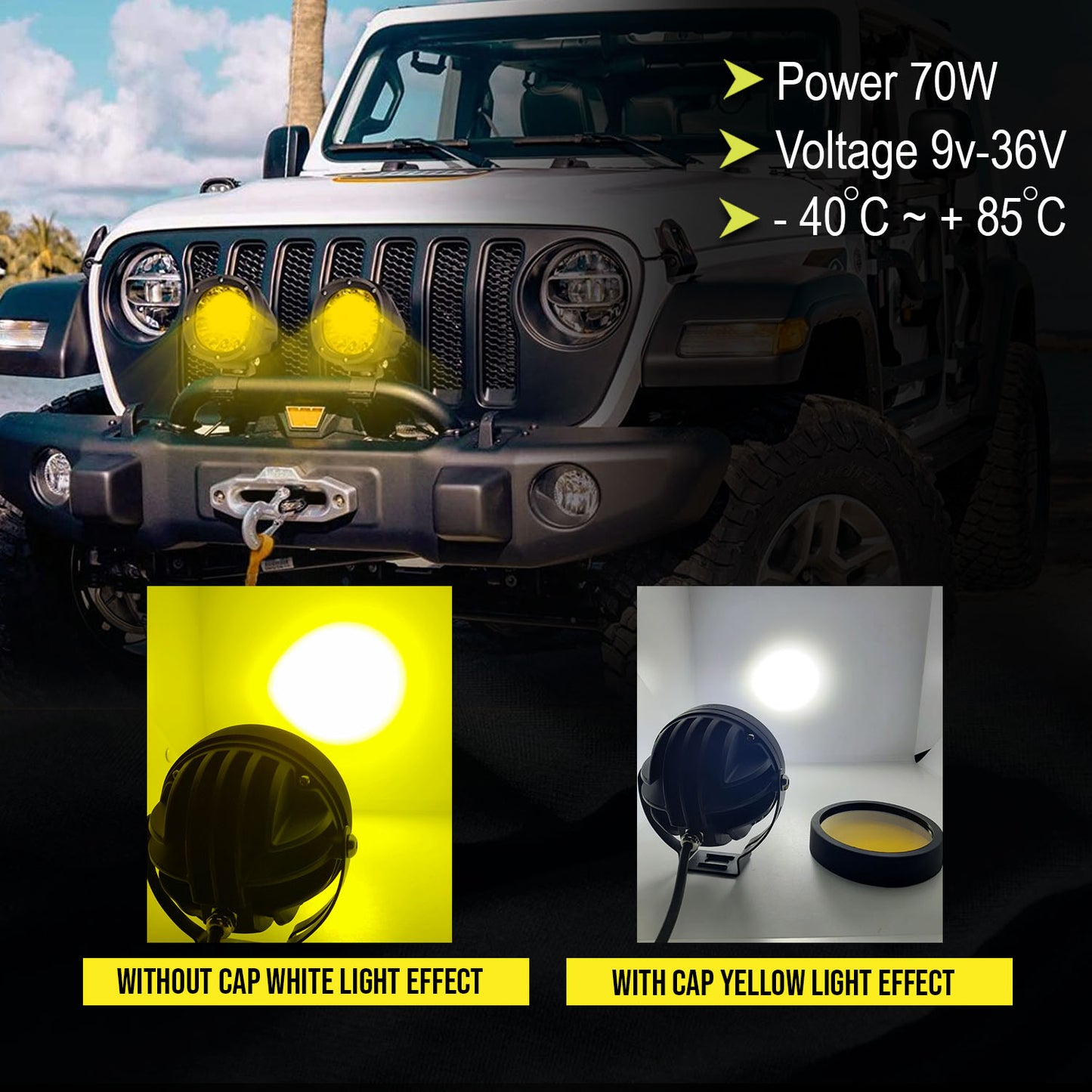 HJG 70 Watts Round Fog Lights with Yellow Cap for Motorcycles, Offroad Vehicles and Cars - Riders Junction