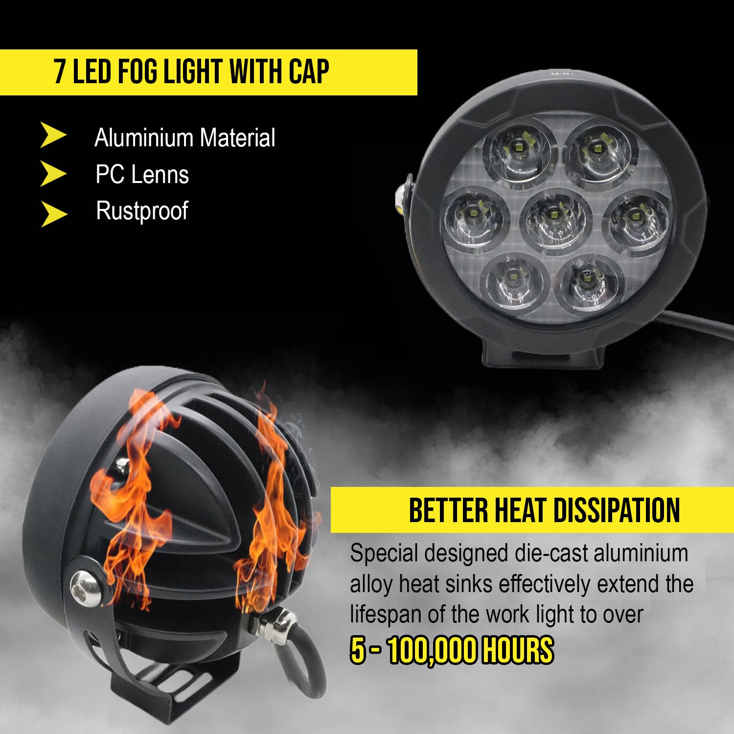 HJG 70 Watts Round Fog Lights with Yellow Cap for Motorcycles, Offroad Vehicles and Cars - Riders Junction