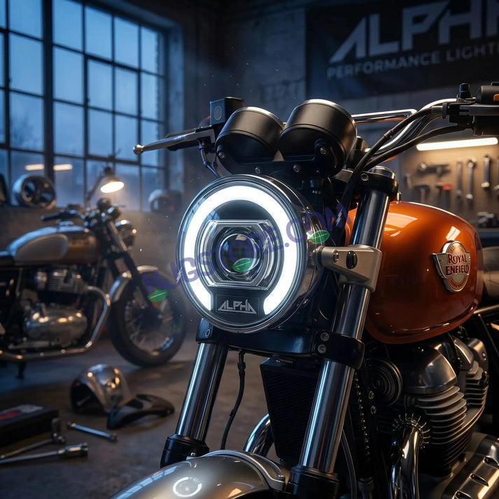 HJG C-325 Alpha 7 Inch 128W LED Projector Headlight with Ultra Wide Halo Ring & White DRL | CREE/Osram Chip | For Royal Enfield, Jeep, Thar, Gypsy