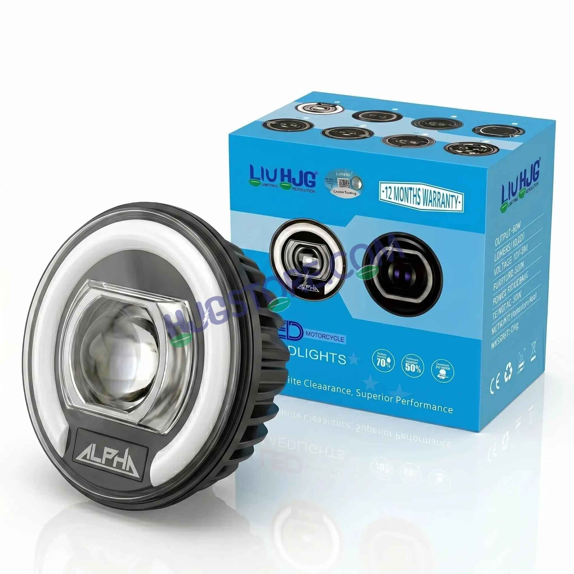 HJG C-325 Alpha 7 Inch 128W LED Projector Headlight with Ultra Wide Halo Ring & White DRL | CREE/Osram Chip | For Royal Enfield, Jeep, Thar, Gypsy