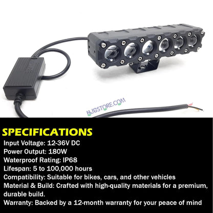 HJG Future Eyes 6 Lens Mega Drive LED Fog Light for Bike, Car, Thar & Jeep – 180W High Power (90W × 2), Cool White, Heavy Duty Auxiliary Driving Lamp – Pack of 2