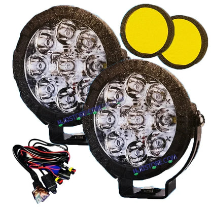 HJG Original 9 LED 180W Round CREE Fog Light with Yellow Filter Cover & Wiring Harness Kit – High Power LED Driving Lamp for Bike, Car, SUV & Motorcycle – Set of 2