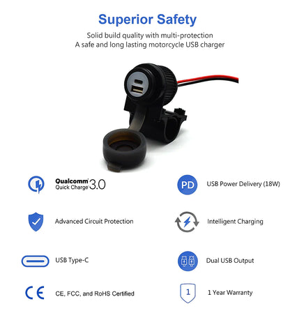 Handlebar Mounted 36W PD USB-C + QC 3.0 (Plastic) - Cliff Top