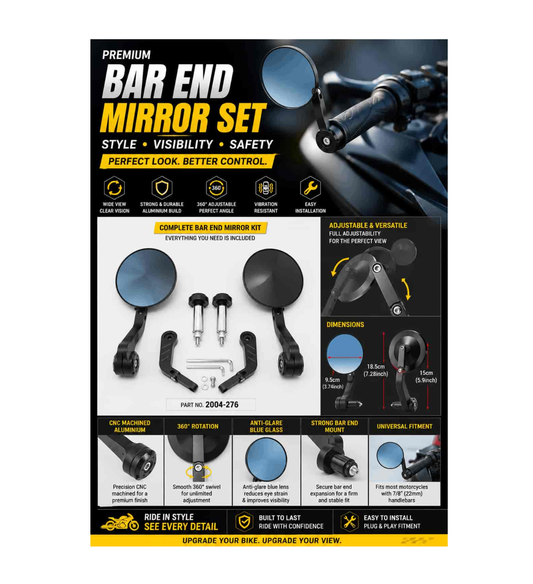 Imported Universal CNC Bar-End Mirror Set (Round)  360 Adjustable  Blue Anti-Glare Lens - (2004-276)