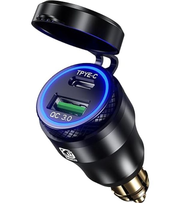 Kewig Aluminum DIN Hella Plug to Dual QC3.0 USB & Type-C Quick Charger Waterproof Adapter for 12V-24V BMW Ducati Triumph Motorcycle Hella DIN Socket (Black with Blue Light) (KWG-B8)