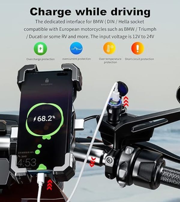 Kewig Aluminum DIN Hella Plug to Dual QC3.0 USB & Type-C Quick Charger Waterproof Adapter for 12V-24V BMW Ducati Triumph Motorcycle Hella DIN Socket (Black with Blue Light) (KWG-B8)