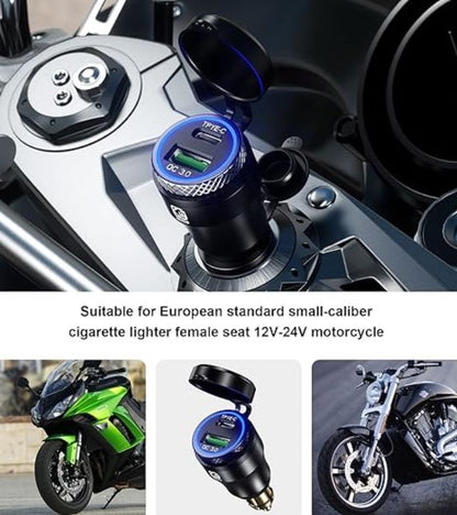 Kewig Aluminum DIN Hella Plug to Dual QC3.0 USB & Type-C Quick Charger Waterproof Adapter for 12V-24V BMW Ducati Triumph Motorcycle Hella DIN Socket (Black with Blue Light) (KWG-B8)